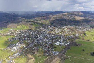 Aerial view, forests near Burgholdinghausen and view of Littfeld, Kreuztal, Sauerland, North