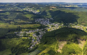 Aerial view, Bilstein Castle and Bilstein town view, Lennestadt, Sauerland, North Rhine-Westphalia,