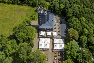 Aerial view, Hohe Bracht observation tower with cafe, Hofolpe, Lennestadt, Sauerland, North