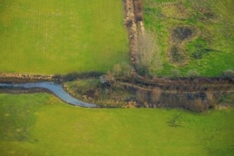 Aerial view of the national nature reserve Lippeauen at the river Lippe with the observation hut