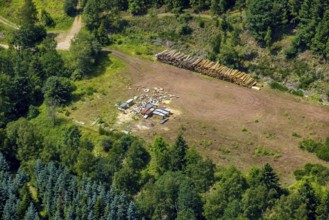 Aerial view, wood storage area in the forest sports ground GymSL, Altenhundem, Lennestadt,