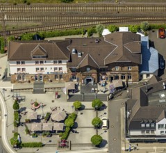 Aerial view, railway station and station building, Altenhundem, Lennestadt, Sauerland, North