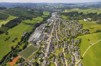 Aerial view, aerial view Elspe with commercial area Bielefelder Straße and sports field Elspe,