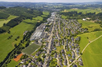Aerial view, aerial view Elspe with commercial area Bielefelder Straße and sports field Elspe,