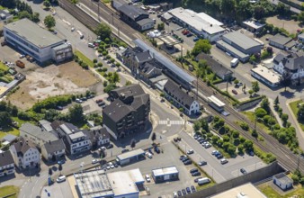 Aerial view, Lennestadt-Grevenbrück railway station, EssBahnhof and KulturBahnhof, brownfield site