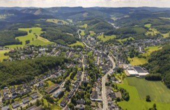 Aerial view, view of Grevenbrück and St. Nicholas Church, Lennestadt, Sauerland, North