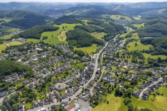 Aerial view, local view Grevenbrück and St. Nikolaus Church, sports field at the Habuche,