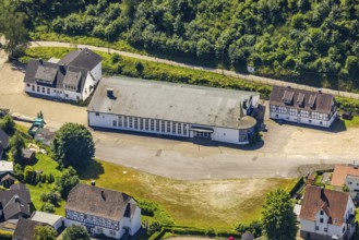 Aerial view, shooting hall St. Jakobus, Elspe, Lennestadt, Sauerland, North Rhine-Westphalia,