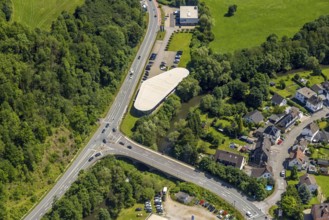 Aerial view, Mercedes-Benz car dealer, Grevenbrück, Lennestadt, Sauerland, North Rhine-Westphalia,
