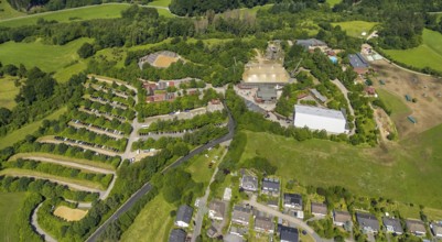 Aerial view, Elspe festival site, Elspe, Lennestadt, Sauerland, North Rhine-Westphalia, Germany,