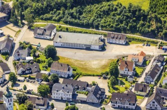 Aerial view, shooting hall St. Jakobus, Elspe, Lennestadt, Sauerland, North Rhine-Westphalia,