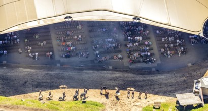 Aerial view, Elspe festival area, horse parade, spectators under the tent roof, Niedermelbecke,