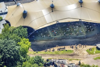Aerial view, Elspe festival area, horse parade, spectators under the tent roof, Niedermelbecke,