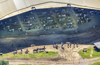 Aerial view, Elspe festival area, horse parade, spectators under the tent roof, Niedermelbecke,