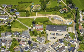 Aerial view, Penny supermarket and construction site Seilmecke in Elspe, Lennestadt, Sauerland,