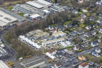Aerial view, construction site and new building residential area Lebenswert-Deichwald am