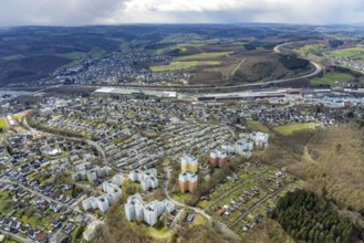 Aerial view, residential area with high-rise buildings on Eggersten Ring, Kreuztal, Sauerland,