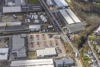 Aerial view, industrial area industrial park Ferndorftal, car park REWE am besten PETZ, Kredenbach,