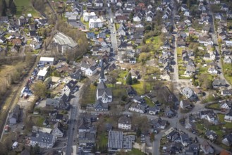 Aerial view, Evang. Laurentius Church and Local History Museum in the district of Ferndorf,