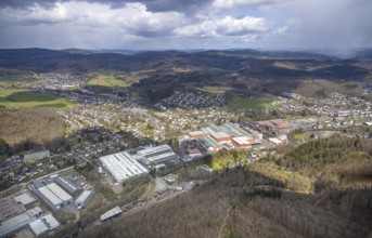 Aerial view, industrial park Ferndorftal, Kredenbach, Kreuztal, Sauerland, North Rhine-Westphalia,