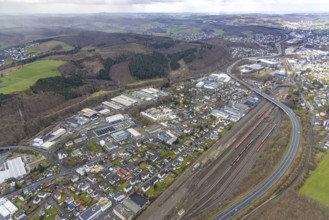 Aerial view, Hüttentalstraße, commercial area Siegener Straße, Buschhütten, Kreuztal, Sauerland,