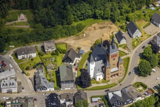 Aerial view, Church of St. Peter and Paul, Kirchhundem, Sauerland, North Rhine-Westphalia, Germany,