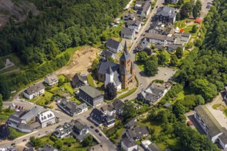 Aerial view, Church of St. Peter and Paul, Kirchhundem, Sauerland, North Rhine-Westphalia, Germany,