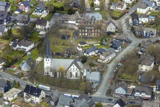 Aerial view, Evang. Laurentius Church and Local History Museum in the district of Ferndorf,