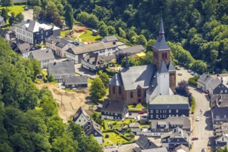 Aerial view, Church of St. Peter and Paul, Kirchhundem, Sauerland, North Rhine-Westphalia, Germany,