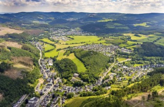 Aerial view, local view and church St. Peter and Paul, Kirchhundem, Sauerland, North