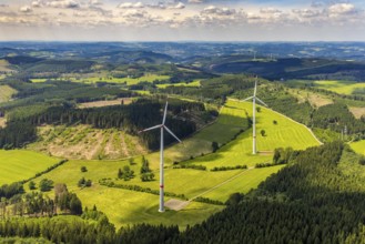Aerial view, wind turbine at Rahrbach, forest area with forest damage, Welschen-Ennest,