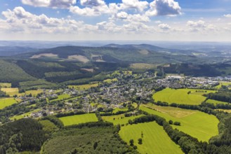 Aerial view, forest area with forest damage, local view Welschen-Ennest, Kirchhundem, Sauerland,