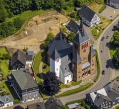 Aerial view, Church of St. Peter and Paul, Kirchhundem, Sauerland, North Rhine-Westphalia, Germany,