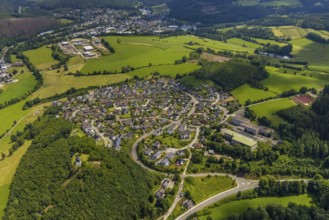 Aerial view, aerial view Kirchhundem, Kirchhundem secondary school, Kreuzberg chapel in the forest,