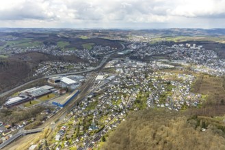 Aerial view, Hüttentalstraße, B54, commercial area Siegener Straße, Buschhütten, Kreuztal,
