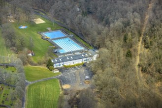 Aerial view, warm water outdoor swimming pool Buschhütten, Buschhütten, Kreuztal, Sauerland, North