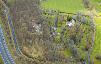 Aerial view, Buschhütten cemetery with chapel, Buschhütten, Kreuztal, Sauerland, North