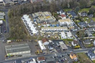 Aerial view, construction site and new building residential area Lebenswert-Deichwald am