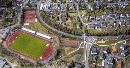 Aerial view, Stählerwiese stadium, roundabout and construction site Hessengarten corner Zum