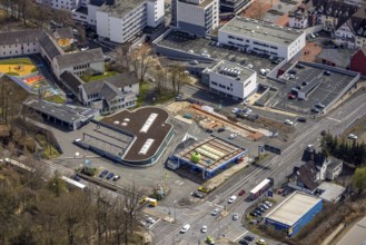 Aerial view, BEST CARWASH Hoffmann GmbH and shopping centre at the market place Kreuztal, Kreuztal,