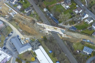 Aerial view, construction site and replacement construction of the DB bridge and new road