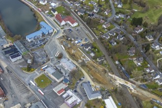Aerial view, construction site and replacement construction of the DB bridge and new road