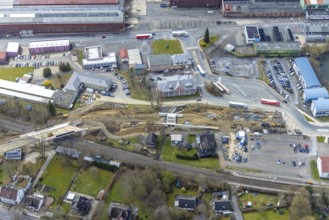 Aerial view, construction site and replacement construction of the DB bridge and new road