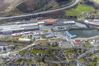Aerial view, construction site and replacement construction of the DB bridge and new road