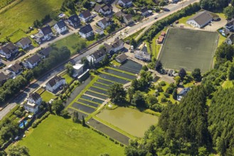 Aerial view, local view Oberelspe with sports field and fish ponds, Lennestadt, Sauerland, North