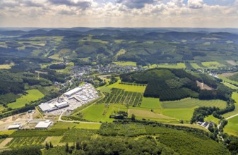 Aerial view, Josef Schmelter GmbH Sägewerk, Schöndelt, Lennestadt, Sauerland, North
