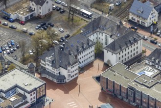 Aerial view, market place Kreuztal with town hall, Kreuztal, Sauerland, North Rhine-Westphalia,