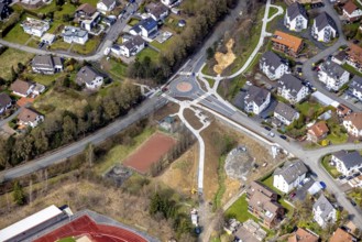 Aerial view, roundabout and construction site Hessengarten corner Zum Erbstollen, new construction