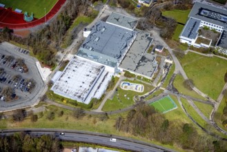 Aerial view, sports hall Kreuztal, Kreuztal, Sauerland, North Rhine-Westphalia, Germany, DE, triple