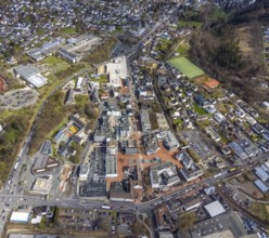 Aerial view, market place Kreuztal with town hall and shopping centre, primary school at Dreslers